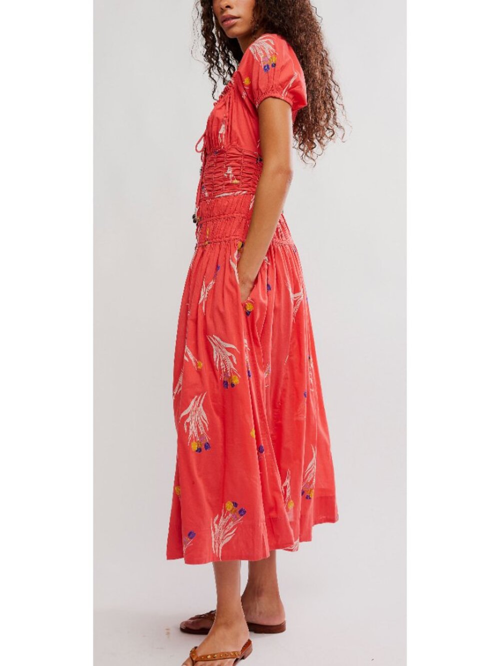 Free People Coral Red Floral Midi Dress - Picture 4 of 5